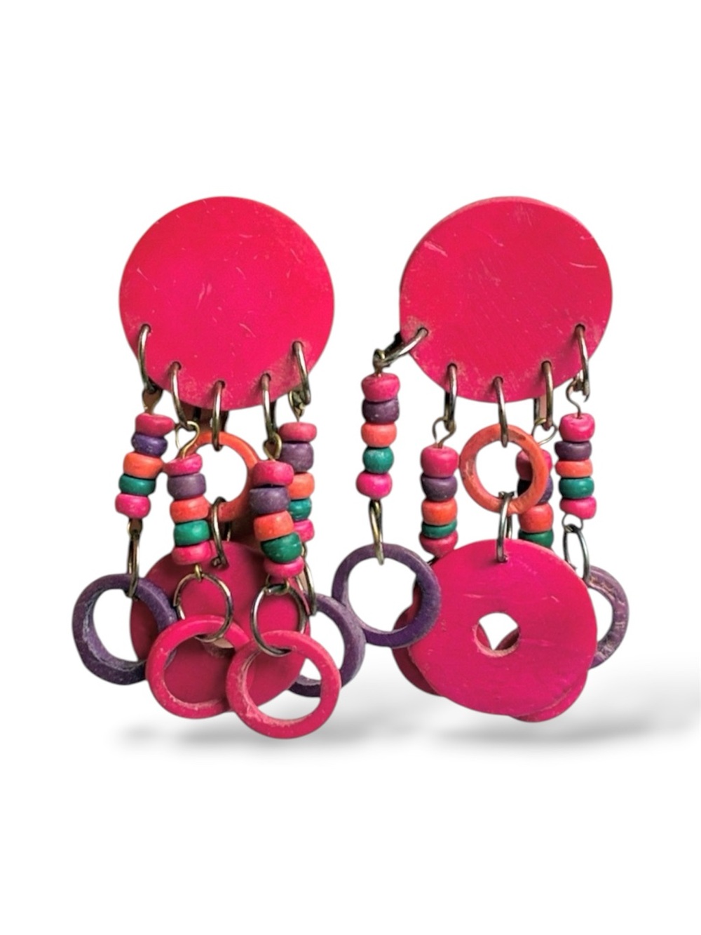 Vintage 90s Dangle Drop Earrings Pink Purple Wooden Beaded Handmade Boho Hippie